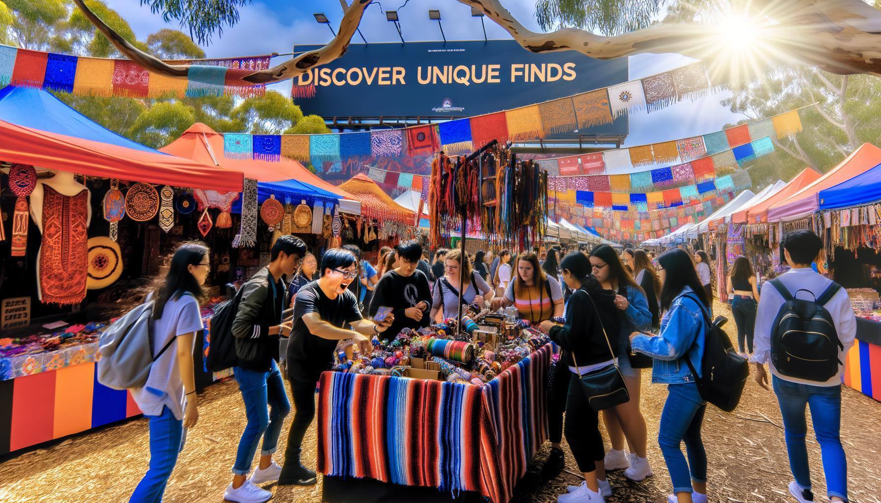 A lively marketplace humming with activity, laden with vivid stalls displaying an assortment of exclusive products. In the forefront, an East Asian ma