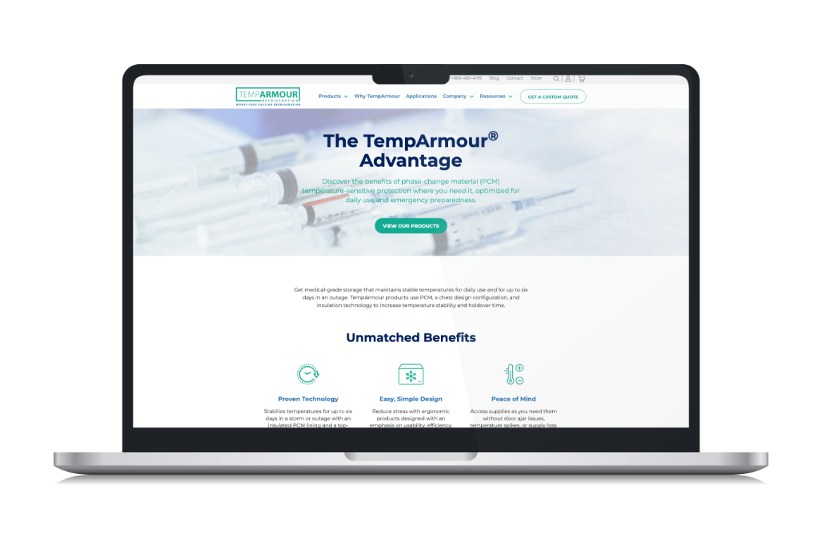 TempArmour homepage viewed on a laptop screen