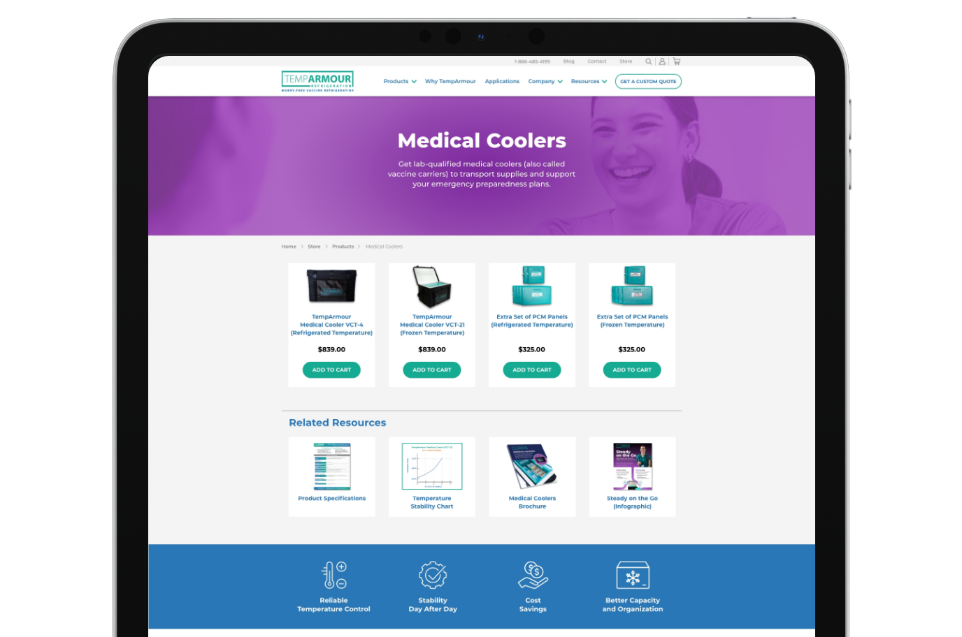 TempArmour products viewed on a tablet